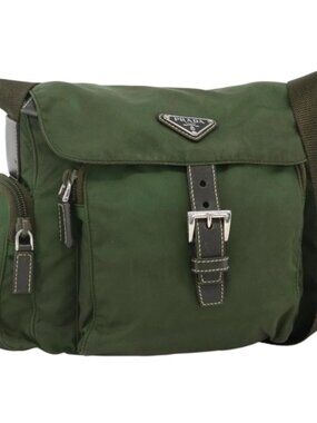 PRADA Shoulder Bag Nylon Khaki Silver Auth 173585